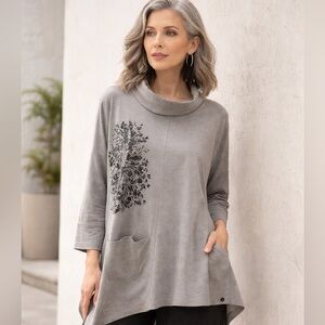Yasuko Boutique Art-Wear Tunic | Cotton Asymmetrical Cowl Neck Top | XL